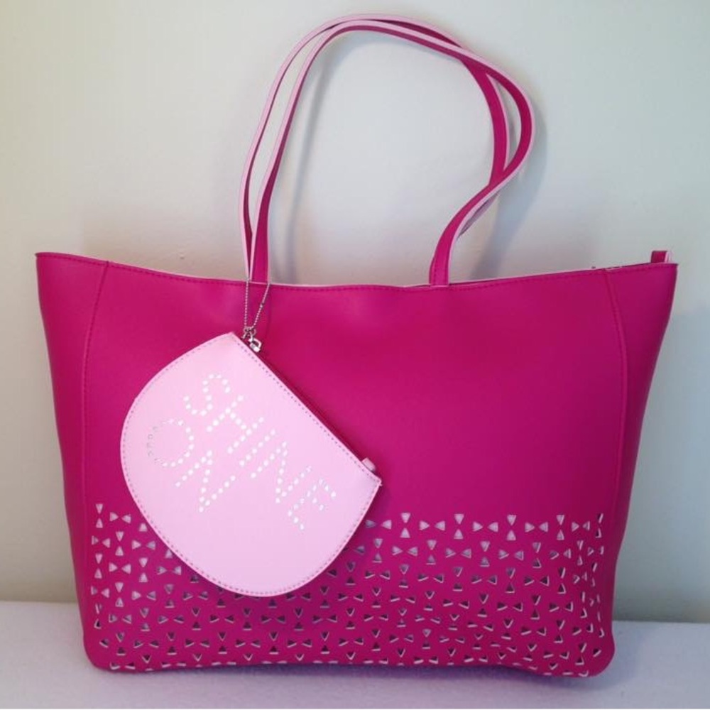 Bath & Body Works Hot Pink Die-Cut Tote & "Shine On" Wristlet